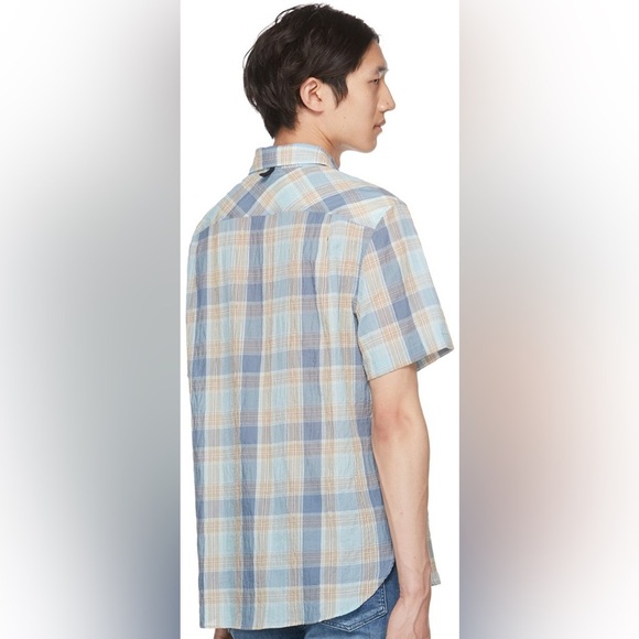 Rag & Bone Blue Beige Gus Button Down Shirt Short Sleeve size Large - Picture 10 of 11